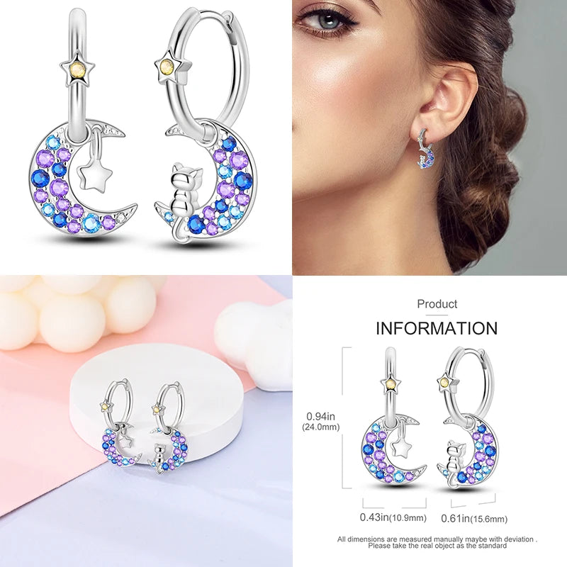 Genuine 925 Sterling Silver Starry Moon Feather Hoop Earrings Fit Original Charms Fashion Women Earrings Jewelry Gift 2024 New