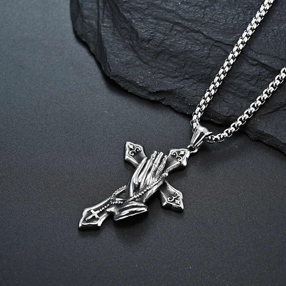 Vintage Praying Hands Cross Pendant Necklace hip-hop Stainless Steel Chain Neck Accessories Hip Hop Rock Jewelry 2025 Gifts