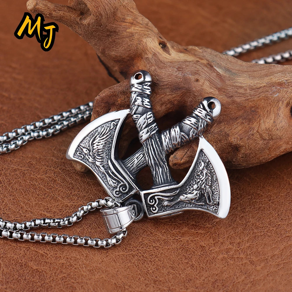 Unique Viking Double Axe Pendant Stainless Steel Retro Nordic Domineering Wolf and Eagle Necklace Scandinavian Jewelry