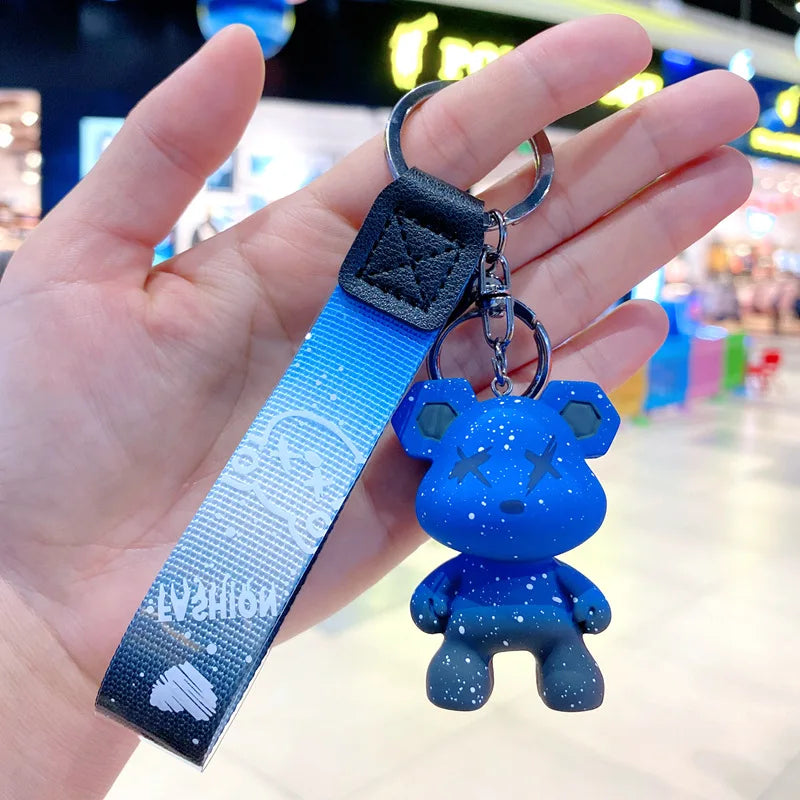 Cartoon Bear Key Chain Chameleon Resin Keychain Webbing Tape Fashion Doll Bag Pendant Holiday Car Key Ring For Girl Jewelry Gift Blue CN