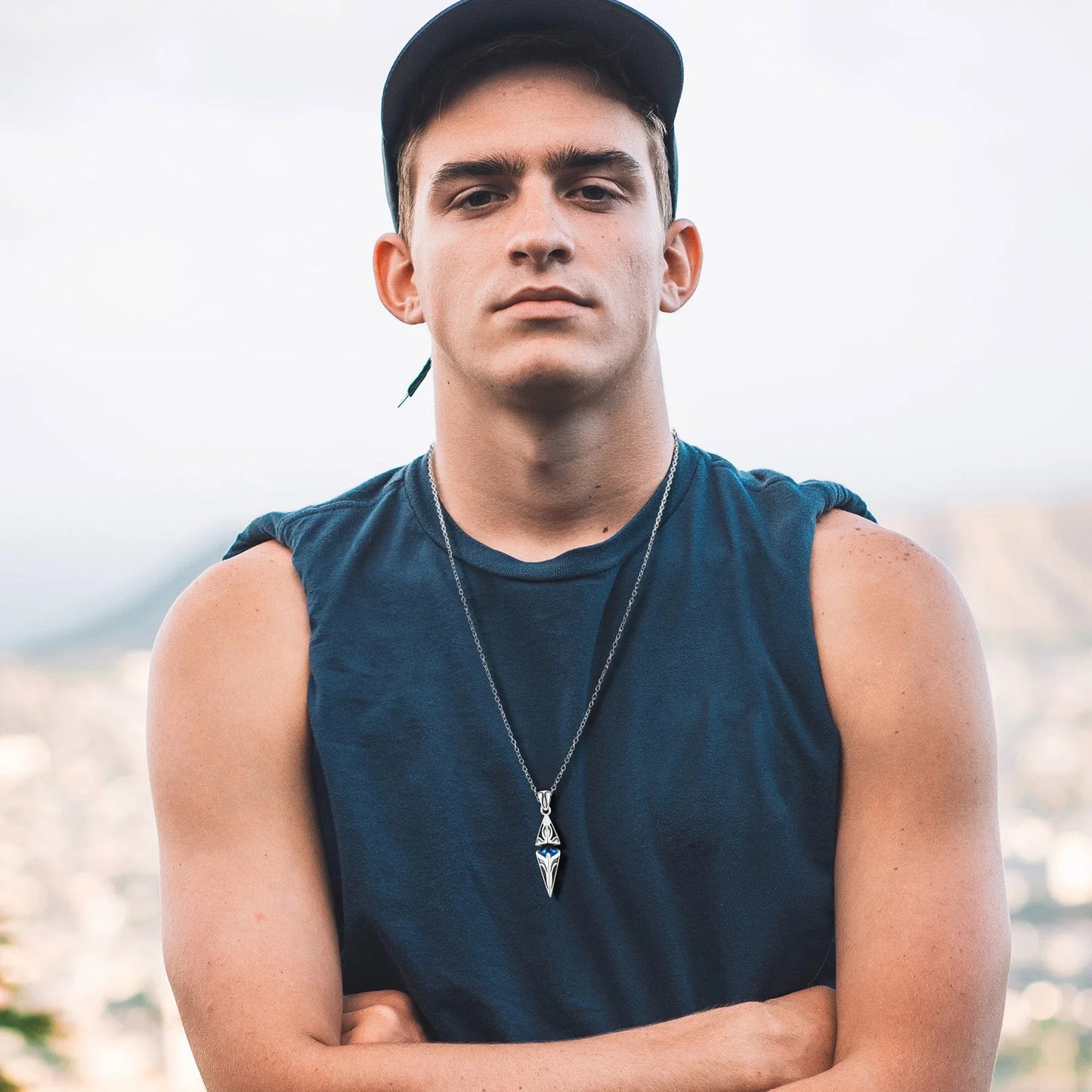 Stylish Blue Stone Man Necklaces Stainless Steel Jewelry Cube  Pendant Collar Birthday Party Dad Boyfriend Valentine Gifts