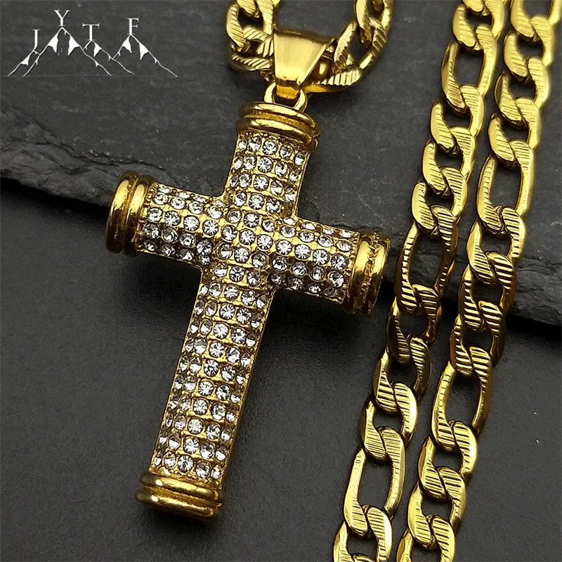 Christian Full Rhinestones JESUS CROSS Pendant Necklaces for Women Men Stainless Steel Gold Color Chain Amulet Necklace Jewelry