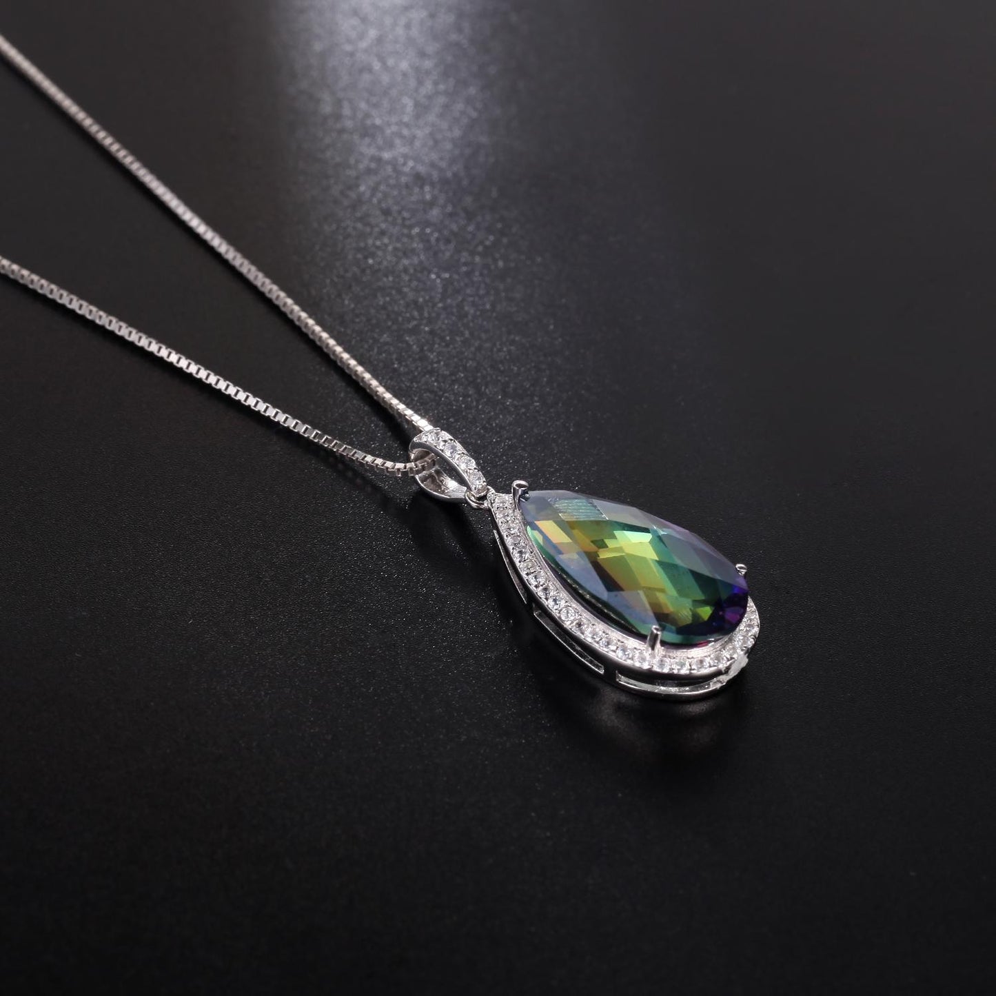 GEM&#39;S BALLET 7.89Ct 10x20mm Pear Shape Rainbow Mystic Topaz Gemstone Halo Pendant Neckace in Sterling Silver Gift For Her