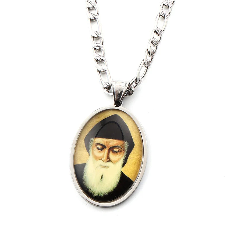 Orthodox Church Saint Charbel Glass Medal Pendant Necklace for Women Men Stainless Steel Gold Color Amulet Protection Jewelry