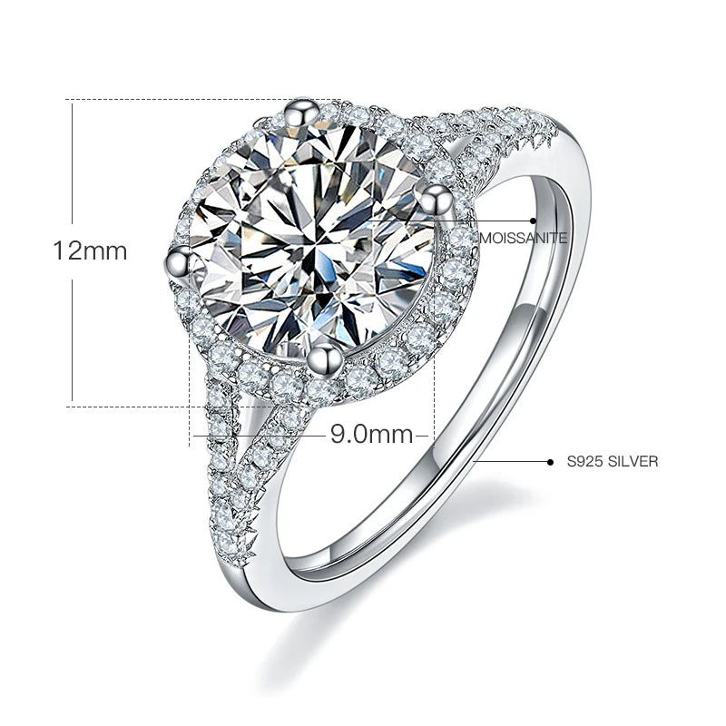 GEM'S BALLET Big 5.0Ct Moissanite Ring 11mm Round Moissanite Halo Engagement Ring 925 Sterling Silver Excellent Luster Ring 925 Sterling Silver 3.0ct 9mm