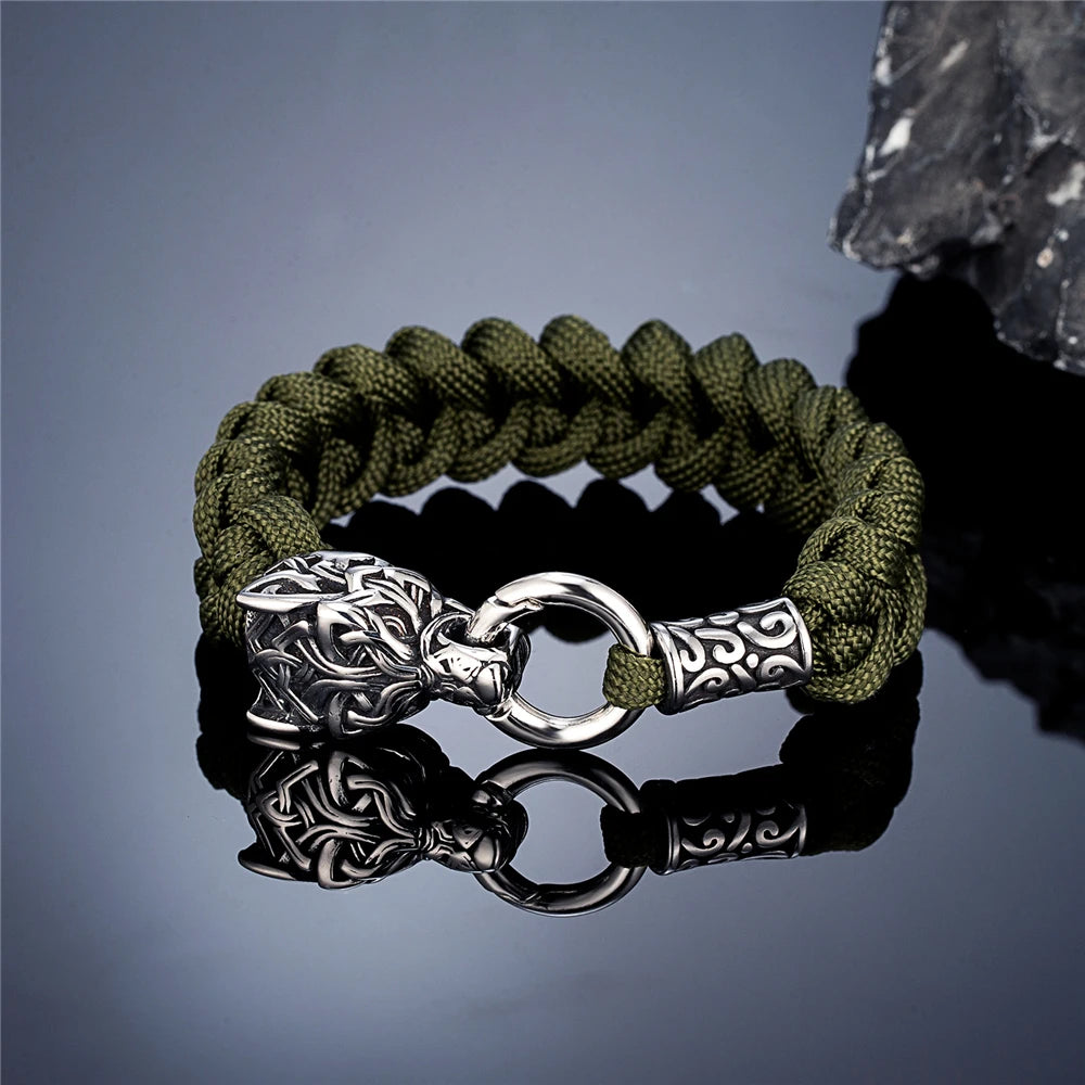 Vintage Norse Runes Celtic Wolf Survival Rope Bracelets Men Handmade Outdoor Stainless Steel Lanyard Wristband Vikings Jewelry Steel Army Green