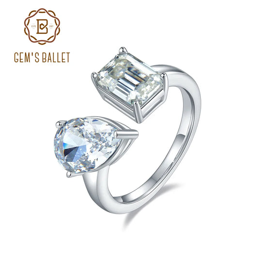 GEM'S BALLET Toi Et Moi Engagement Ring Emerald Cut Moissanite With Pear Cut High Carbon Diamond Ring in 925 Sterling Silver