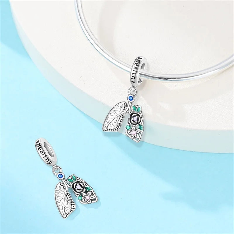 Heart & Organ Charm 925 Sterling Silver Red Rose Skull Dangle Pendant Dark Aesthetic Fit Bangle Bracelet Necklace DIY Jewelry