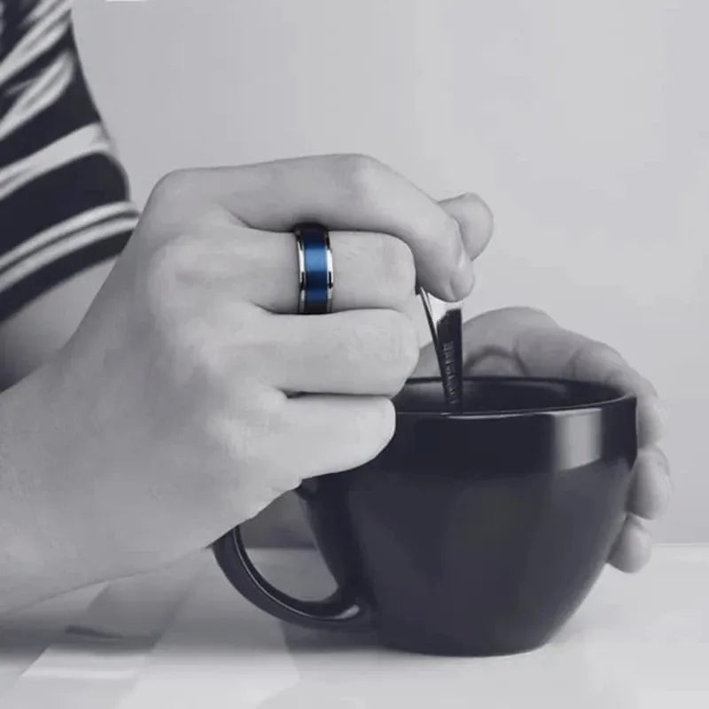 Fashion 8MM Men Stainless Steel Ring Silver Color Step Edge Blue Brushed Engagement Rings For Men Wedding Band Jewelry Wholesale
