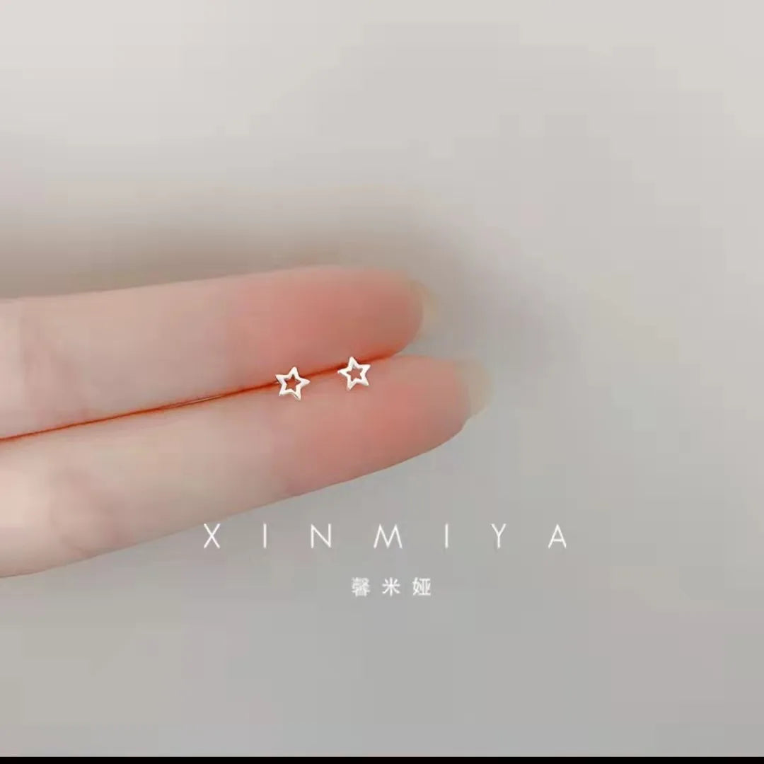 Tiny Minimalist Silver Plated Korean Mini Small Heart Stars Stud Earrings for Women Student Teen Simple Ear Piercing Jewelry