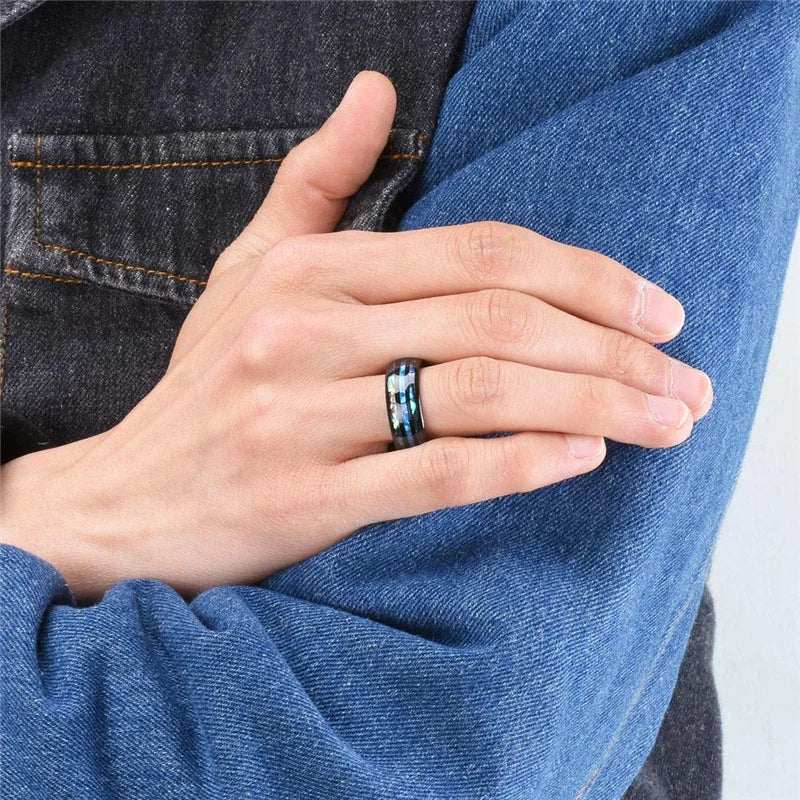 Fashion 8MM Rose Gold Color Stainless Steel Rings For Men Women Colorful Abalone Shell  Inlaid Men Rings Wedding Party Jewelry