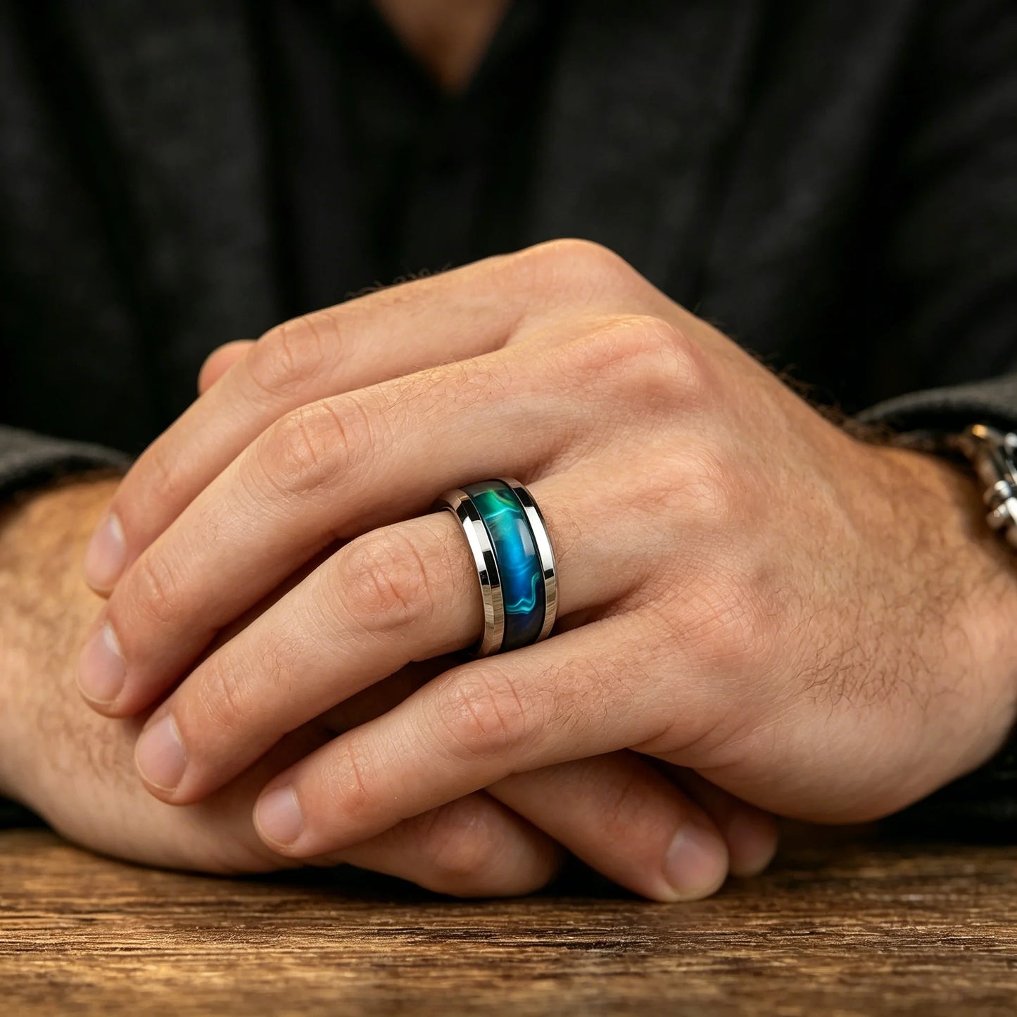 With Blue-Green Gradient Nebula Pattern Rings, 8mm Cosmic Starry Sky Stainless Steel Men Ring, Wedding Band Jewelry Drop Ship