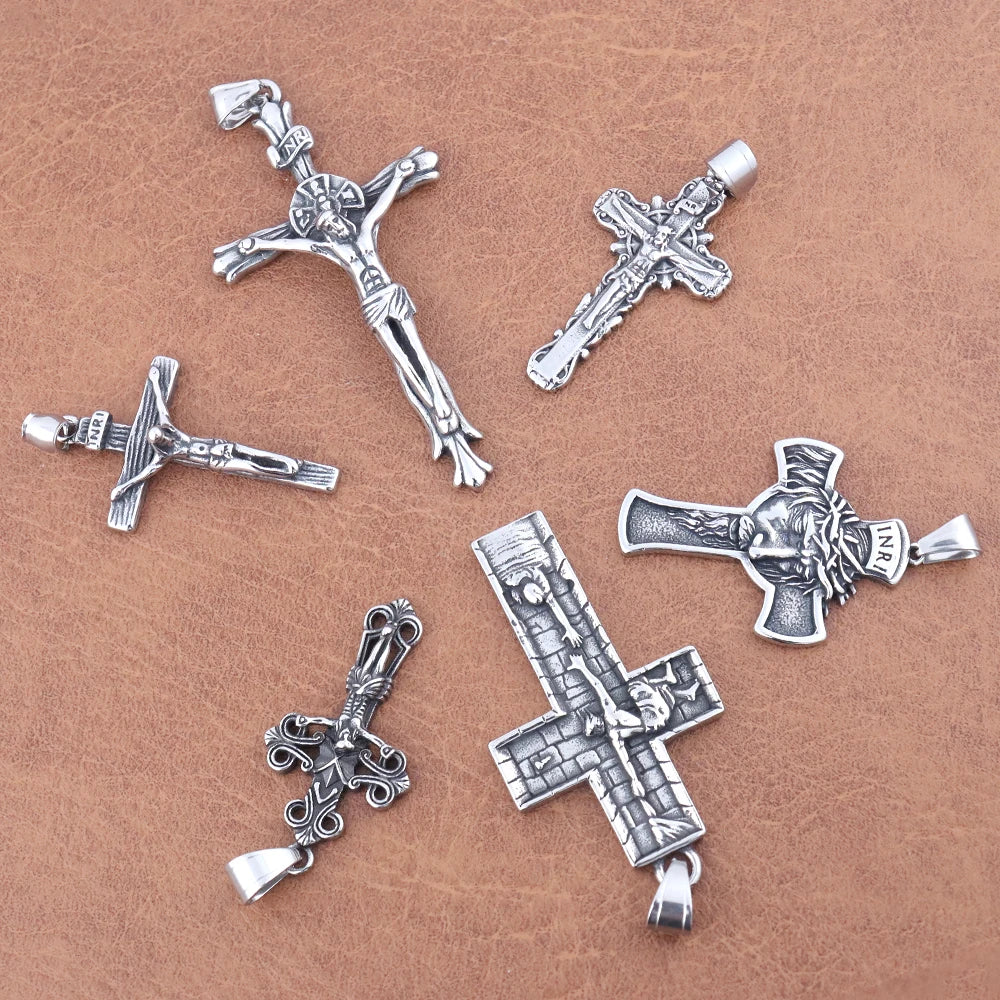 Vintage Stainless Steel Jesus Cross Necklace Men's Classic Religious Believer INRI Cross Pendant Jewelry Creative Gift