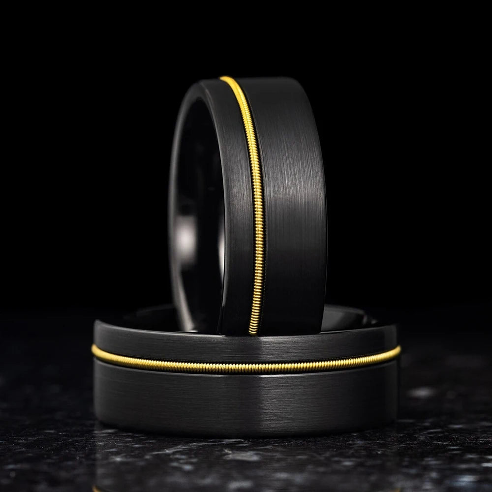 Fashion Black Stainless Steel Rings for Men With Guitar String Inlay Guitarist Ring For Musician Wedding Jewelry Drop Shipping