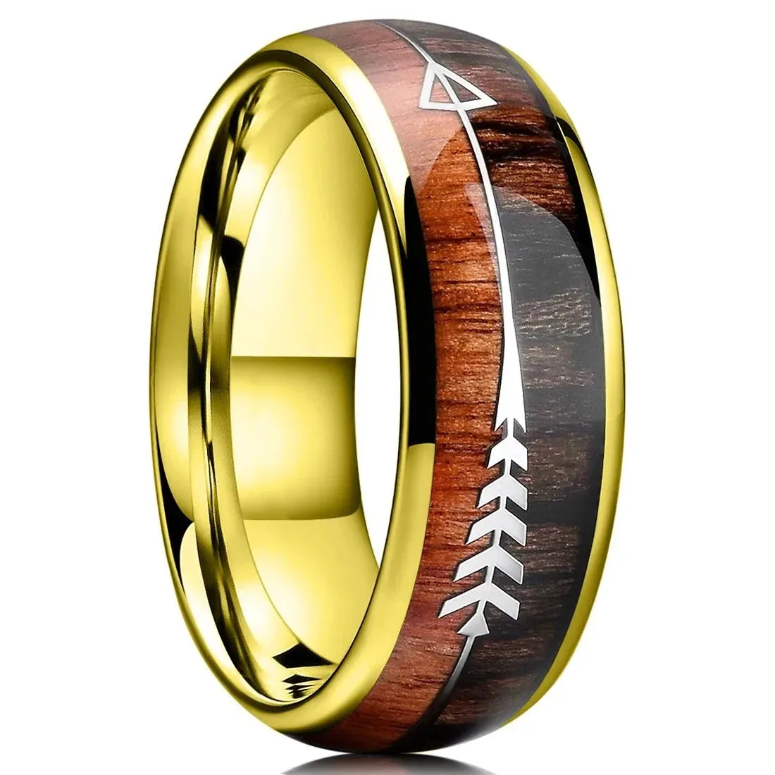 Fashion 8mm Silver Color Stainless Steel Arrow Rings for Men Women Inlaid Hawaiian Koa Wood Rings Men Wedding Band Jewelry Gifts