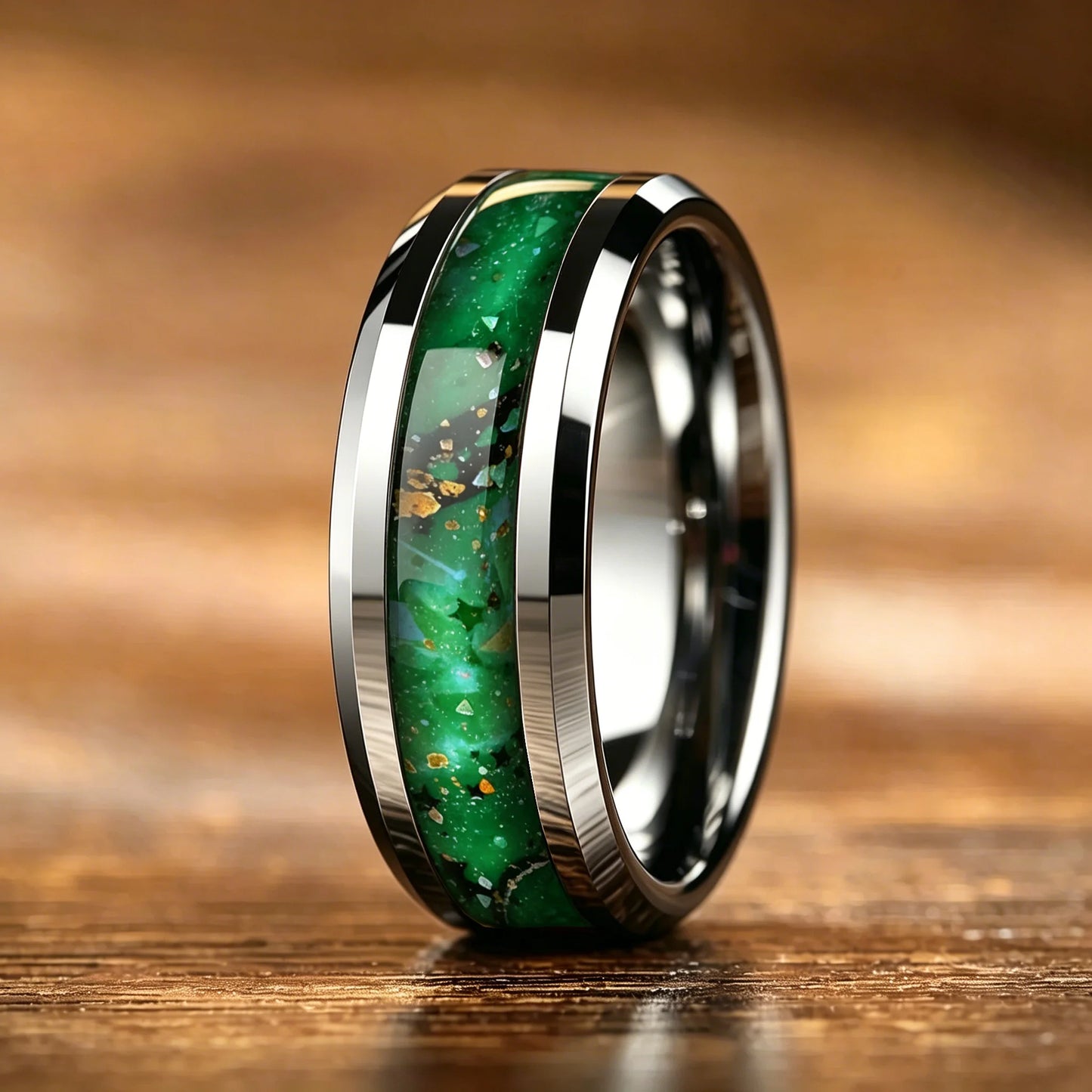 With Dark Green Synthetic White Stone Rings, 8mm Cosmic Starry Sky Stainless Steel Men Ring, Wedding Band Jewelry Drop Ship