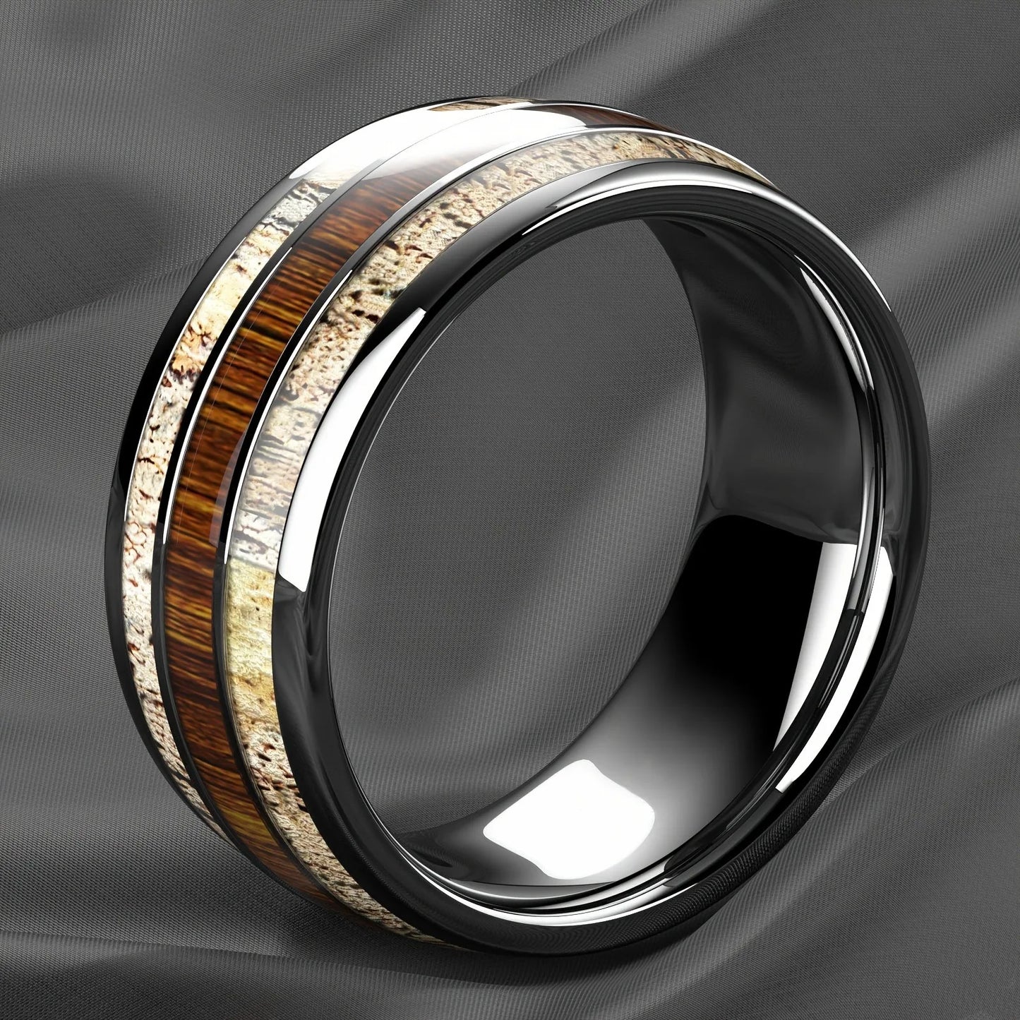 Fashion Silver Color Men's Stainless Steel Rings Koa Wood Deer Antler Inlay Dome Engagement Rings For Men Women Wedding Jewelry