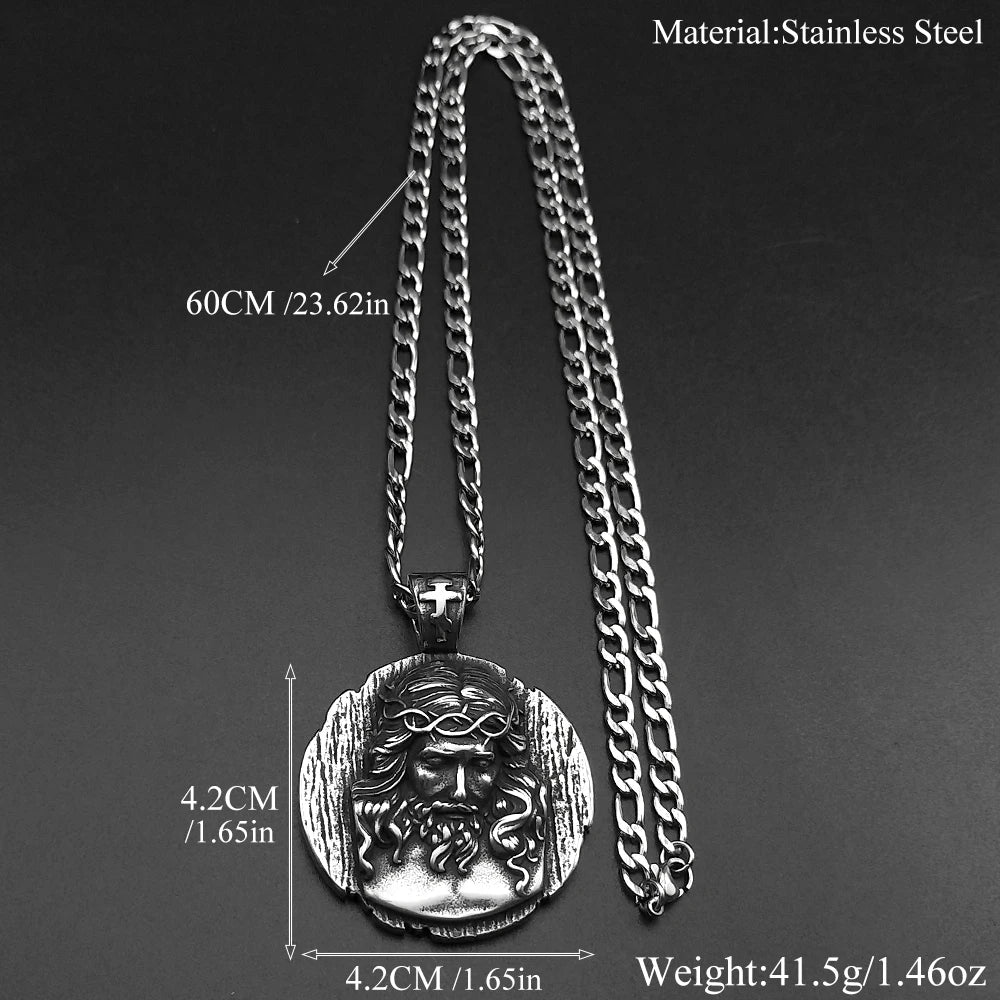 Retor Punk Jesus Head Pendant Necklace For Women Men Stainless Steel Black Vintage Catholic Male Lucky Amulet Chain Jewelry Gift