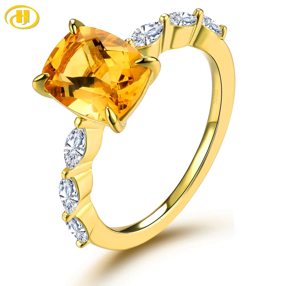 Natural Citrine Sterling Silver Rings Yellow Gold Plated 1.7 Carats Genuine Yellow Crystal Women Classic Style Jewelry Gifts