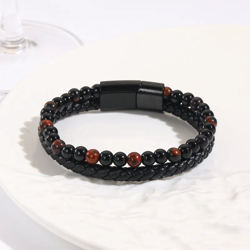 Black Shining Volcano Tiger Eye Bead Natural Stone Bracelet Men's Cowhide Rope Bracelet Hand String Jewelry Gift