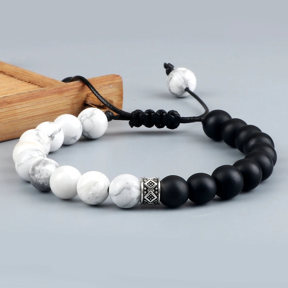Fashion Black White Beaded Bracelets For Men 8mm Natural White Howlite Stone Beads Bracelet Women Meditation Prayer Jewelry Gift