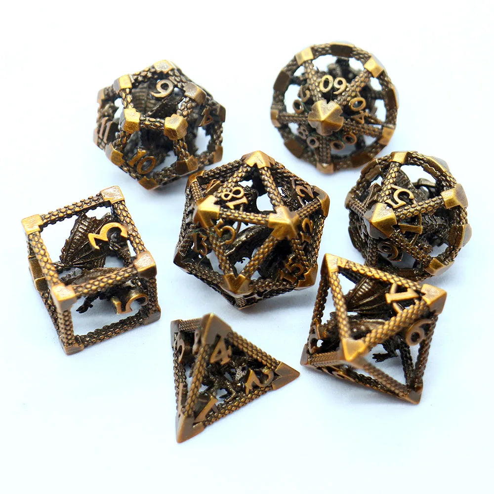 7pcs Metal Hollow 3D Dragon Polyhedral Dices For Role-playing Chessboard Games, Board Game Dice Kit Golden