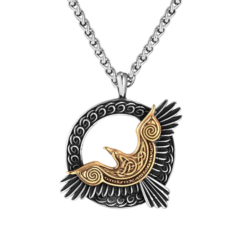 Vintage Viking Style Pendant Norse Mythology Huginn and Muninn Pendant Necklace For Men Punk Party Street Jewelry Gold