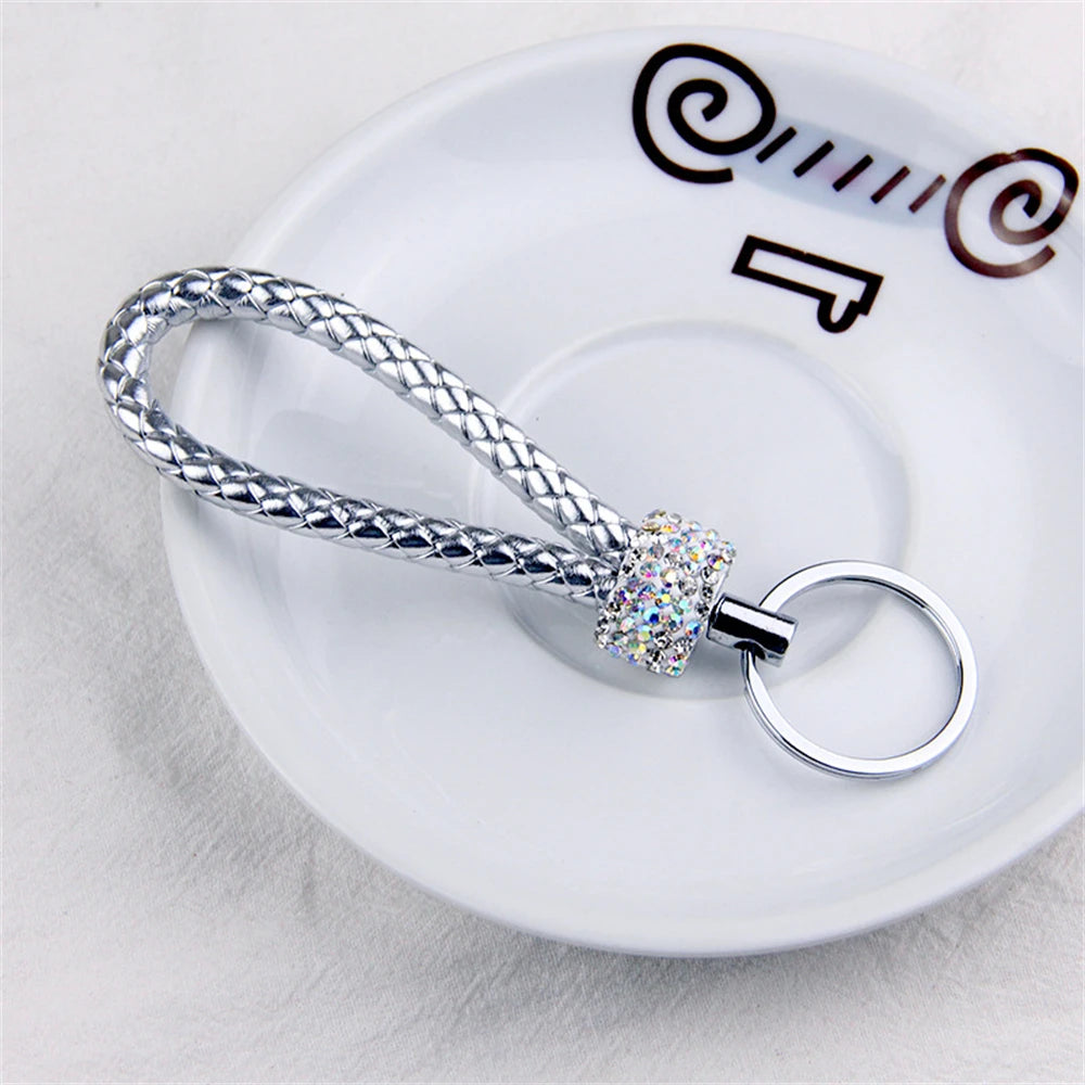 Fashion PU Leather Woven Keychain Glitter Rhinestones Braided Rope Keyring For Men Women Car Key Holder Charms Accessories Gifts I CHINA