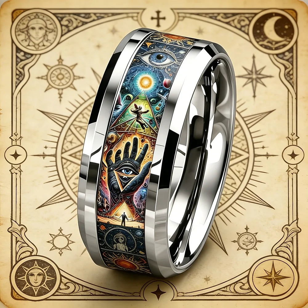 Cute Ocean-Themed 8mm Men Stainless Steel Ring with Dreamy Sea Jellyfish Pattern Inlay Rings for Teenager Wedding Party Jewelry