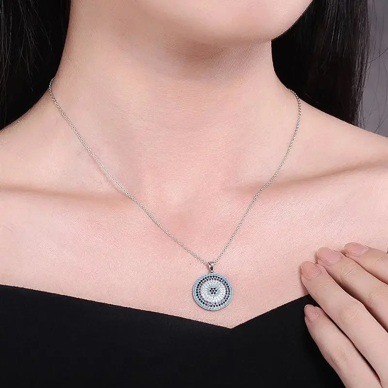 KALETINE 925 Sterling Silver Necklaces Turkish Big Blue Stone Evil Eye Round Pendant Women's Necklace Personalized Men Jewelry