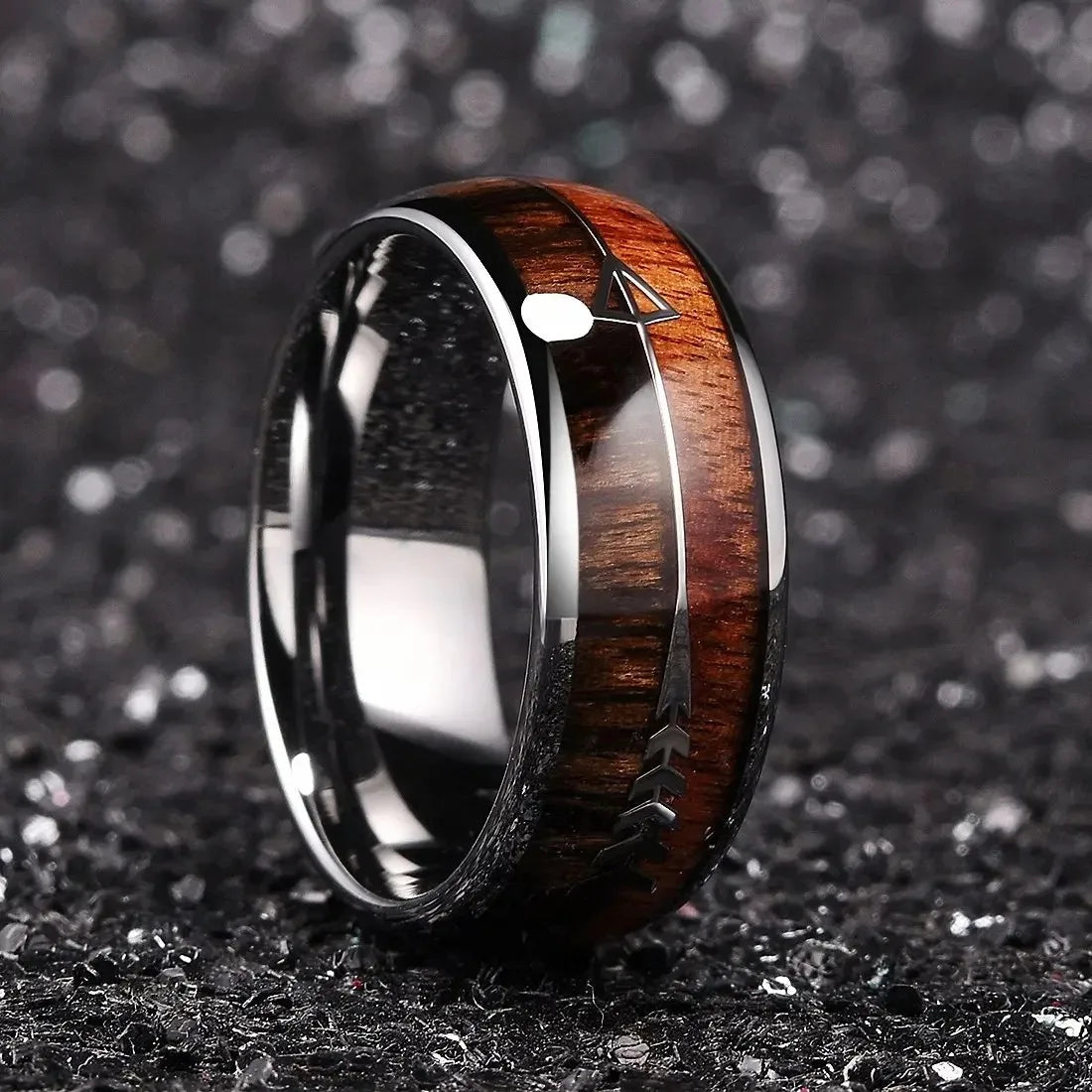 Fashion 8mm Silver Color Stainless Steel Arrow Rings for Men Women Inlaid Hawaiian Koa Wood Rings Men Wedding Band Jewelry Gifts