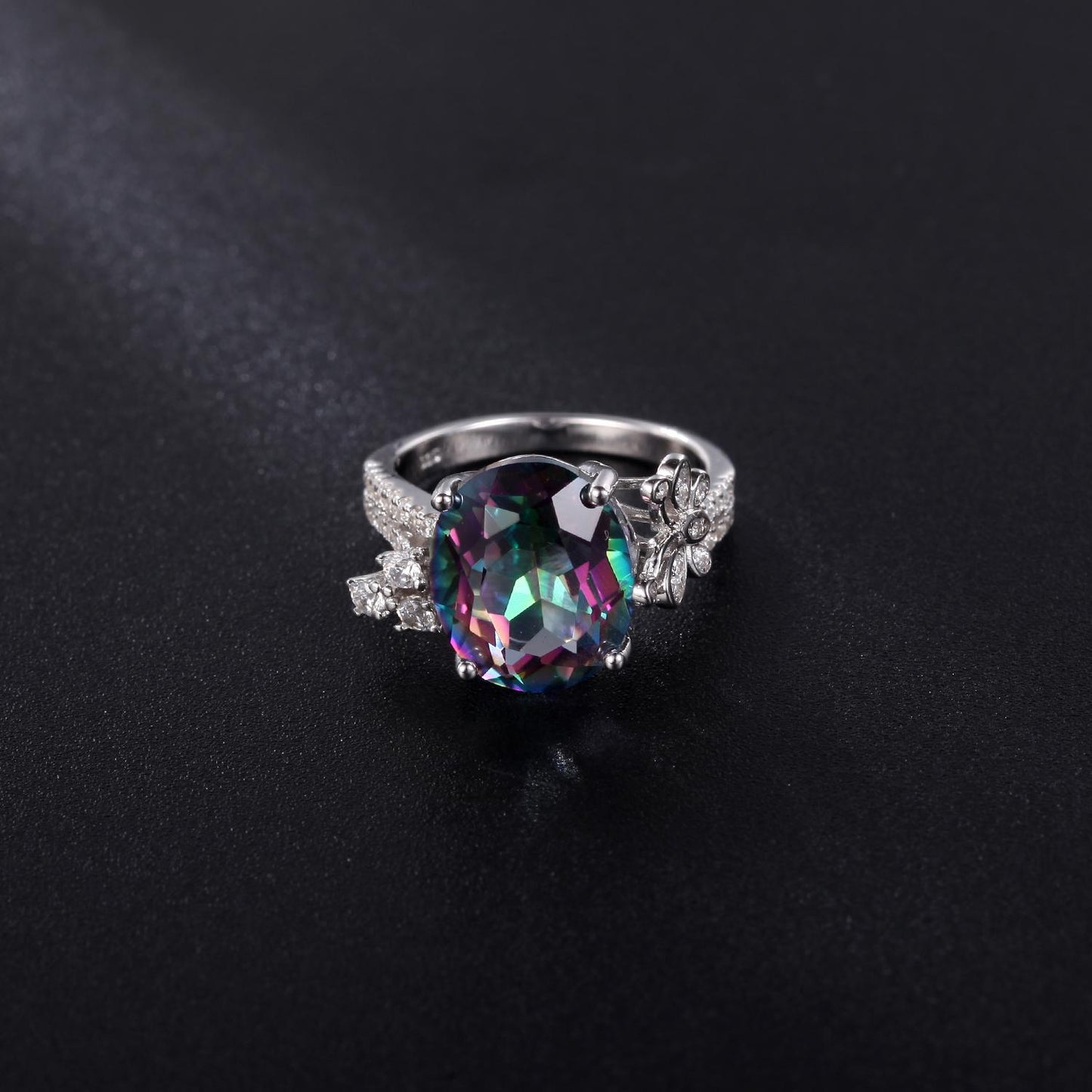 GEM&#39;S BALLET 4.36Ct 10x12mm Rainbow Mystic Topaz Gemstone Antique Art Rings in Sterling Silver with Laurel Leaves Gift For Her
