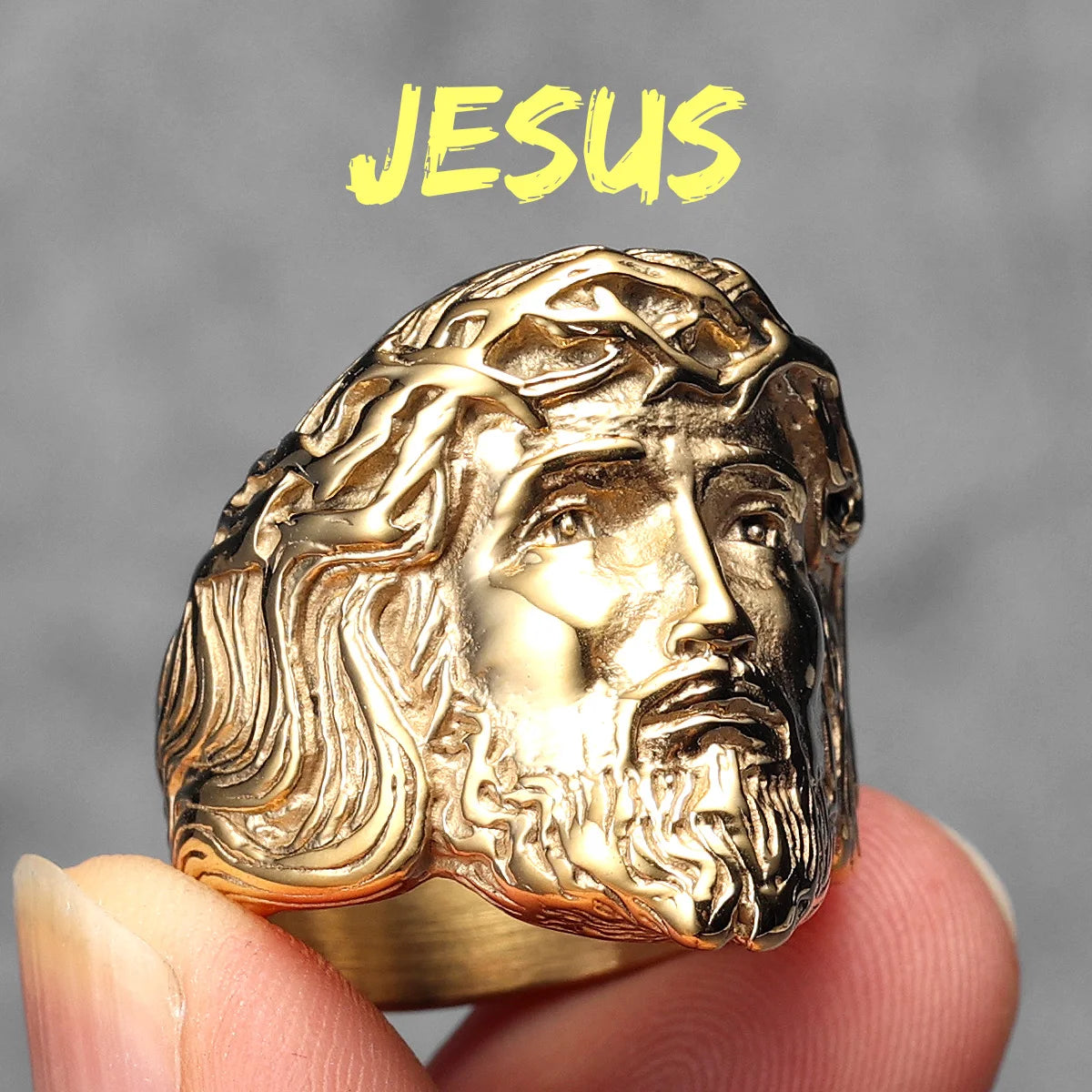 316L Stainless Steel Men Ring Christian Jesus Face Rings Religion Amulet Punk Rock for Male Biker Boyfriend Jewelry Best Gift