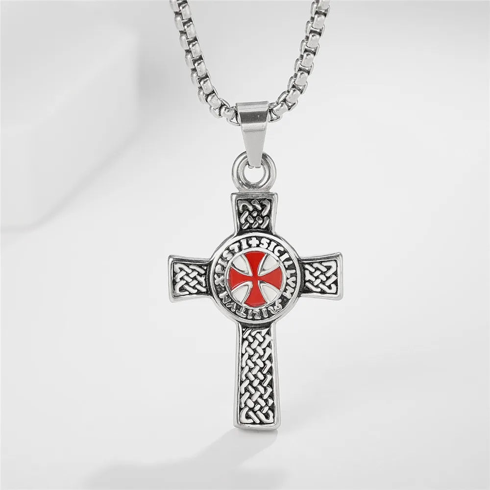 Vintage Punk Red Cross Templar Pendant Necklace for Men Fashion Charm Christian Religious Jewelry