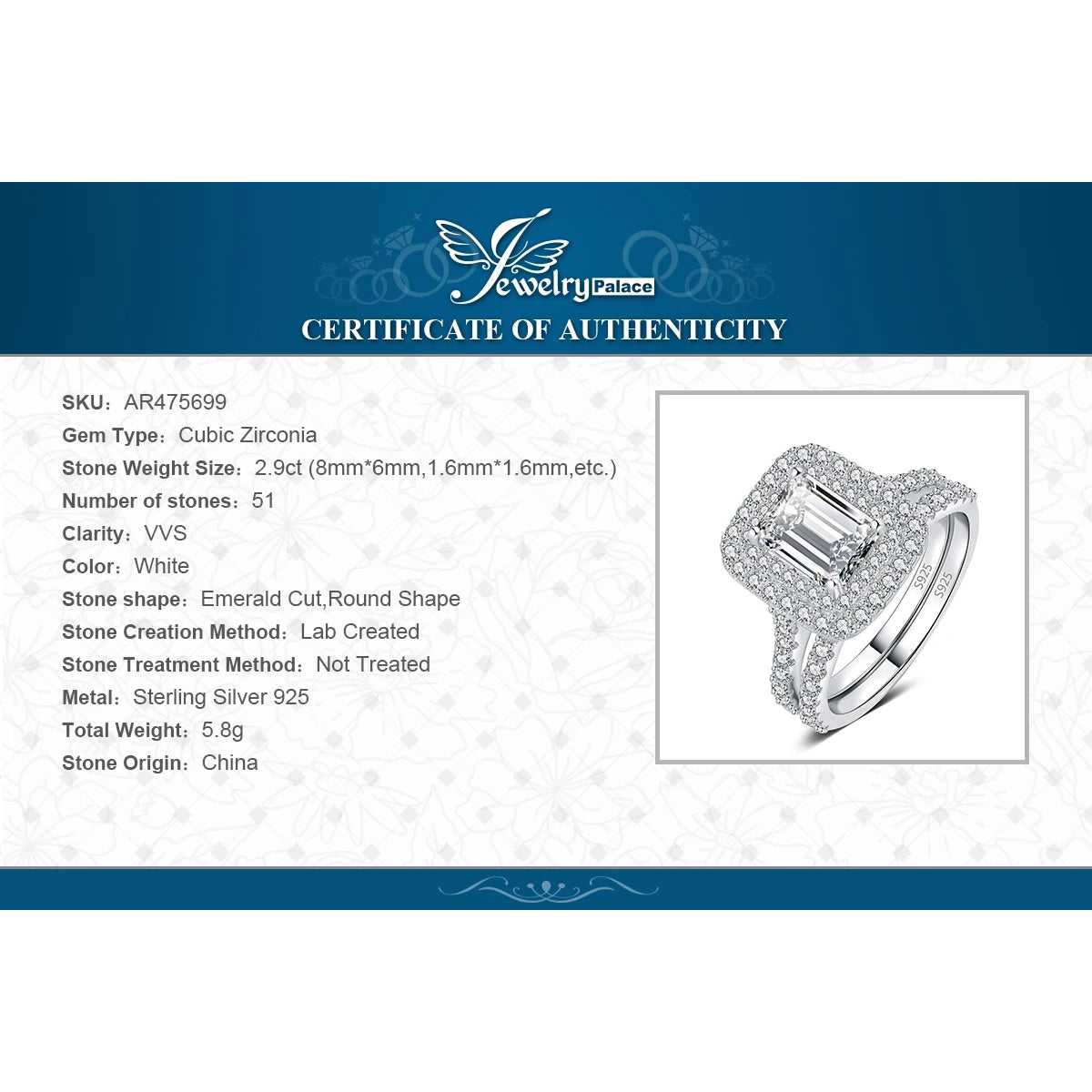 JewelryPalace 925 Sterling Silver Halo Wedding Band Engagement Ring Set for Women 2.9ct Emerald Cut AAAAA CZ Fashion Jewelry