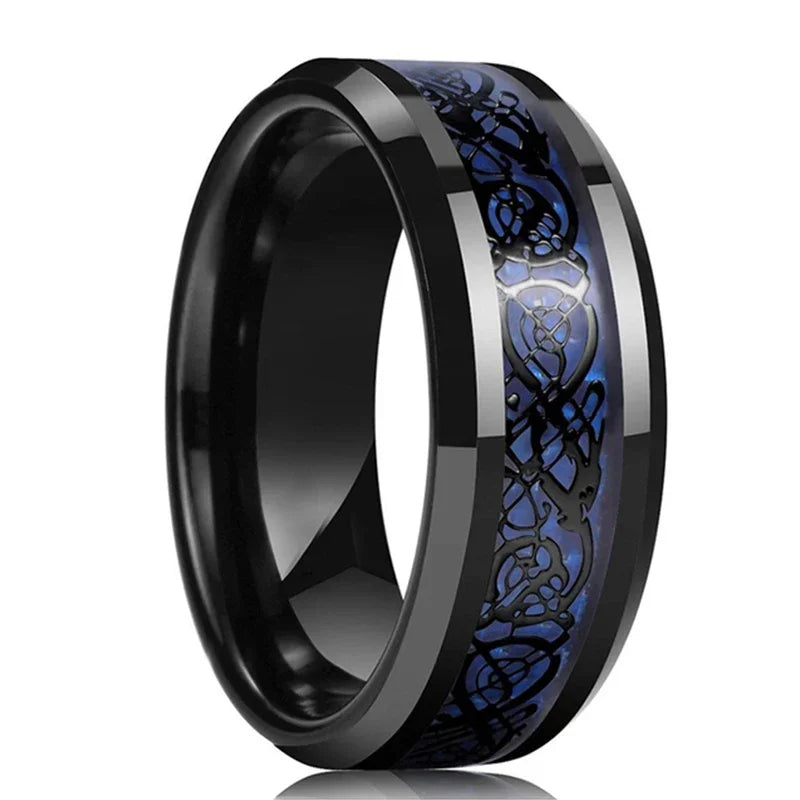 Fashion 8mm Men's Stainless Steel Celtic Dragon Ring Inlay Red Green Black Carbon Fiber Ring Wedding Band Charm Jewelry Gifts
