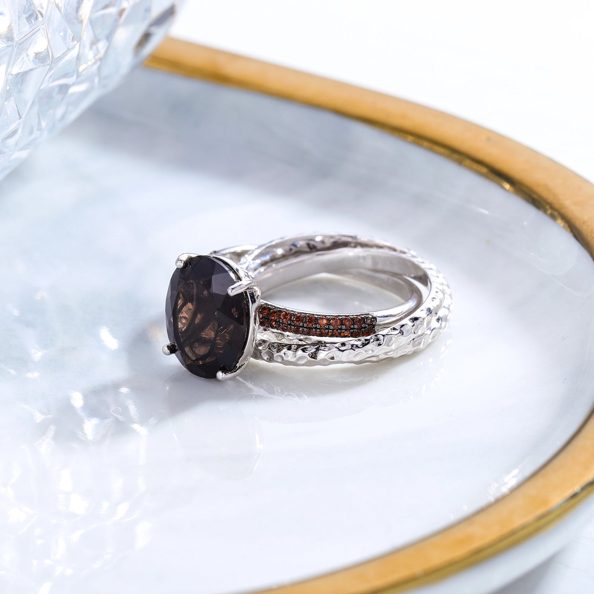 GEM'S BALLE 925 Sterling Silver Handmade Russian Trinity Band Rings Smoky Quartz Stackable Ring Fine Jewelry Gift Her