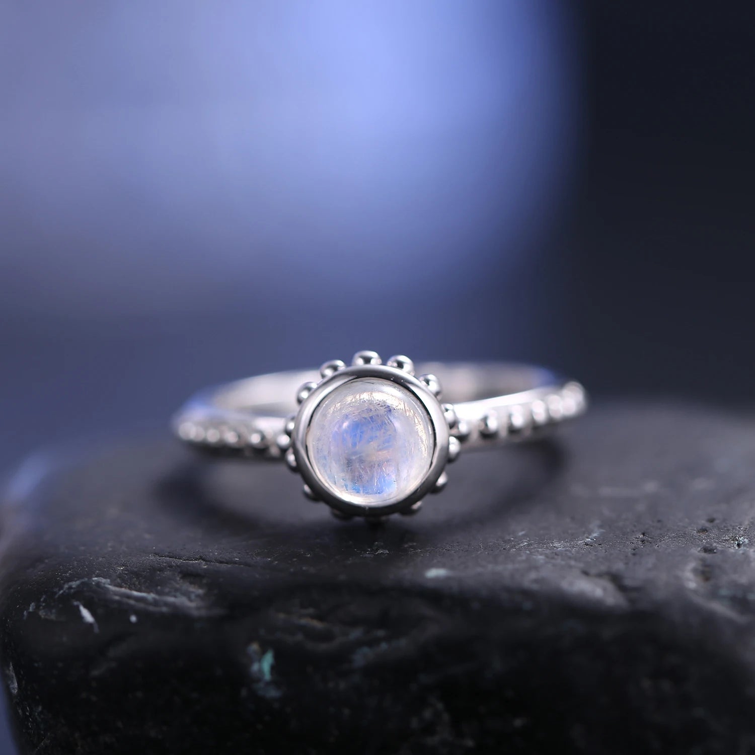 GEM'S BALLET Textured Milky Blue Moonstone Ring in 925 Sterling Silver, Stylish Gemstone Ring, Moonstone Jewellery, Gift for Her