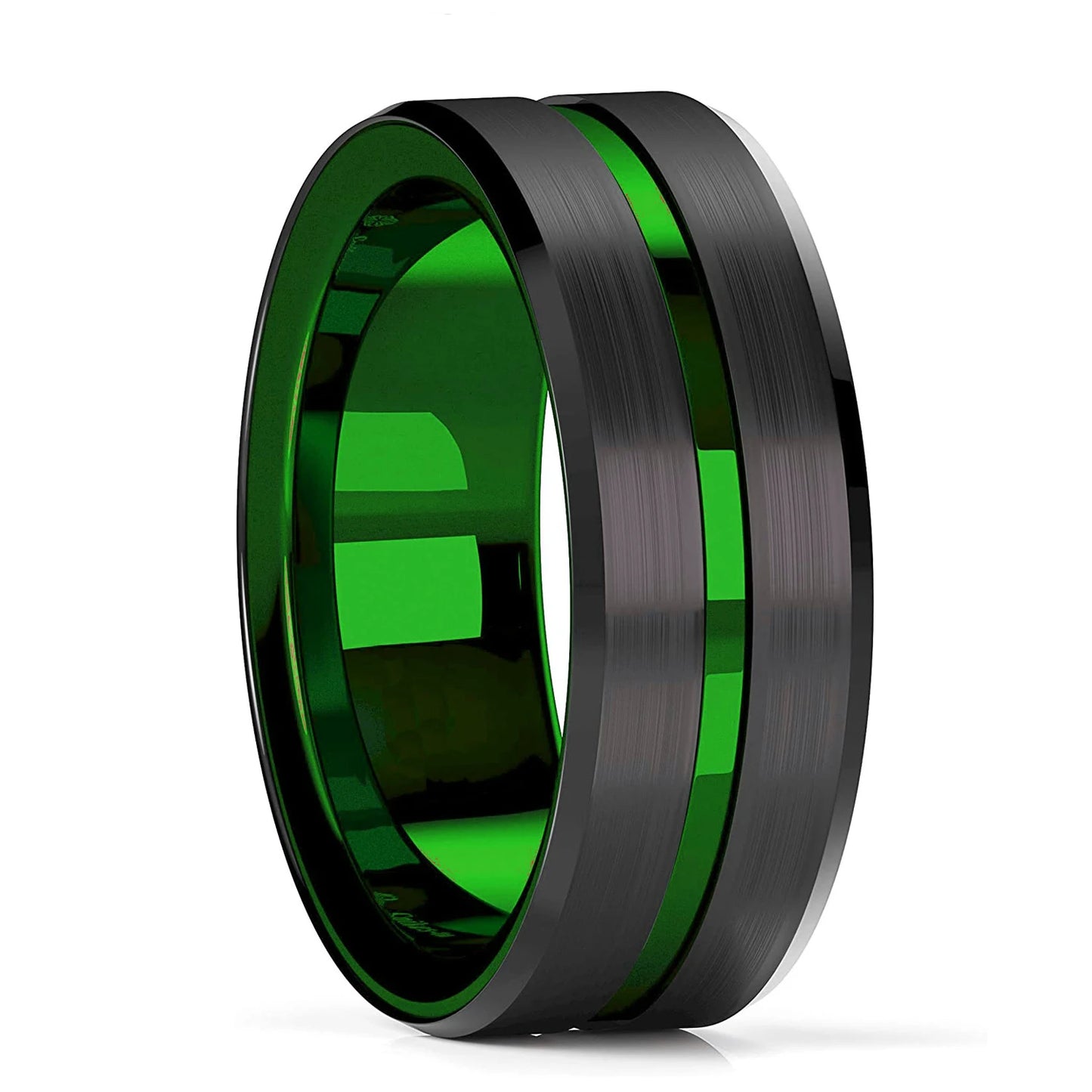Fashion 8mm Black Brushed Men Stainless Steel Ring Double Groove Beveled Zircon Stone Rings For Men Trendy Wedding Band Jewelry