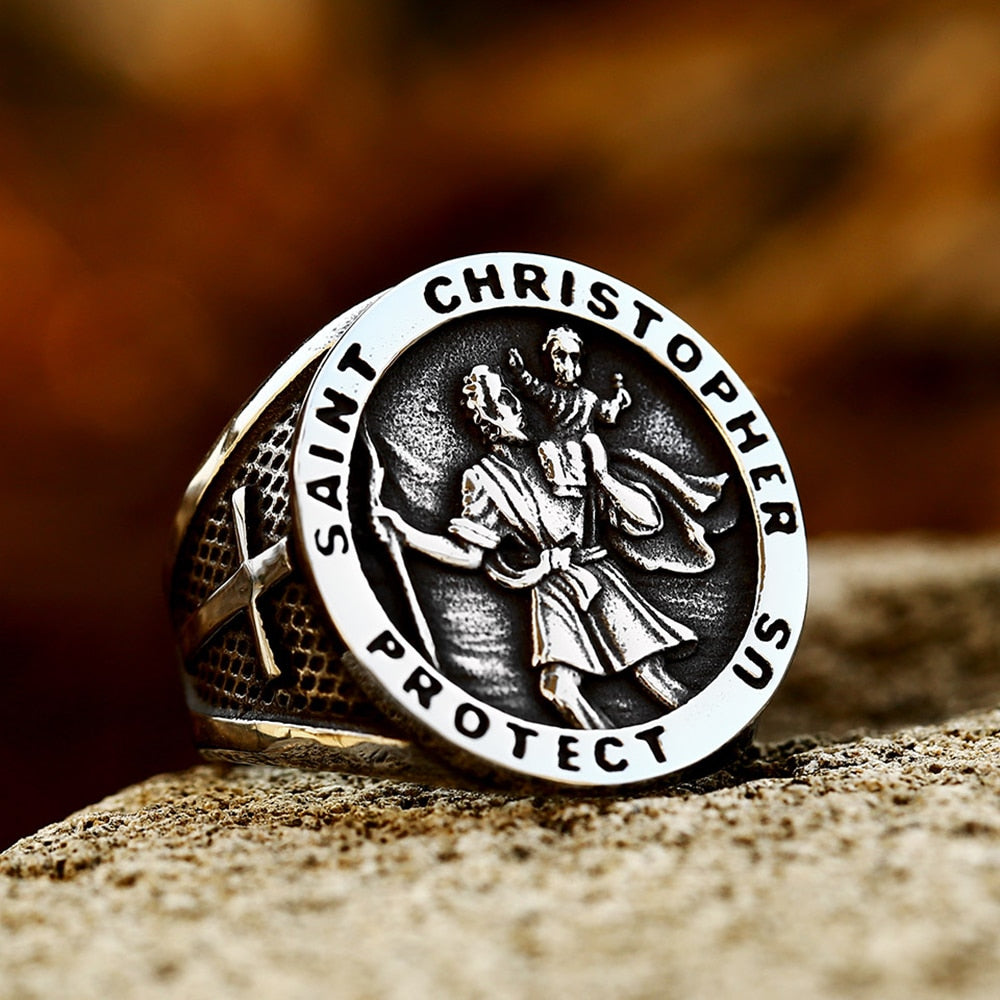New Vintage St Christopher Cross Fingers Ring For Men 316L Stainless Steel Punk Biker Fashion Renaissance Jewelry Gift Style C