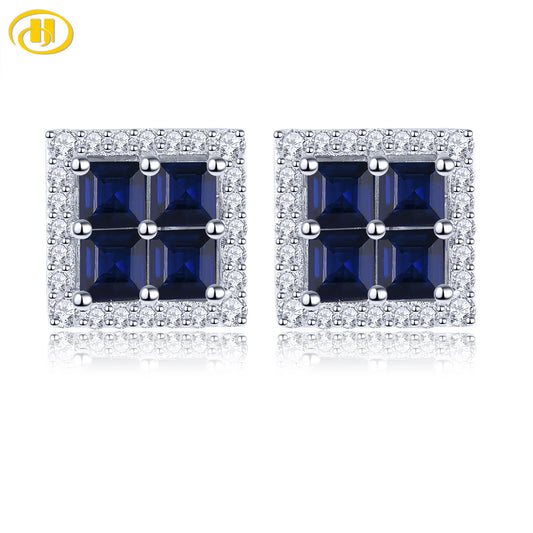 Natural Blue Sapphire Sterling Silver Stud Earring 1.7 Carats Genuine Precious Gemstone S925 Fine Jewelry Rhodium Plated Gifts Default Title