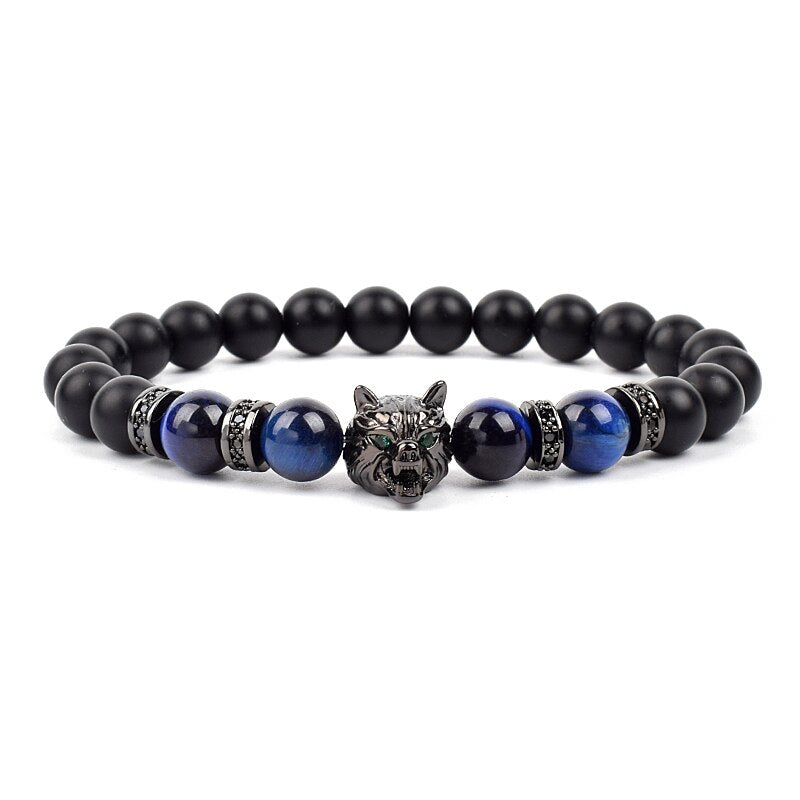 Wolf Charm Bracelets Men Natural Black Agates Onyx Stone Bracelet Brave Blue Tiger Eye Elastic 8 mm Beads Jewelry Beaded Pulsera Lazuli tiger eye