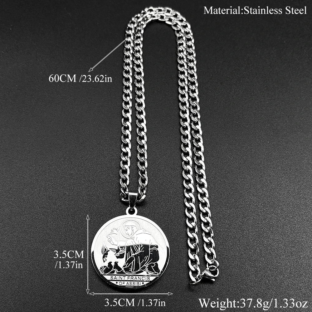SAINT FRANCIS OF ASSISI PROTECTOR OF ANIMALS Pendant Necklace for Women Men Stainless Steel Christian Medal Chain Jewelry Gift