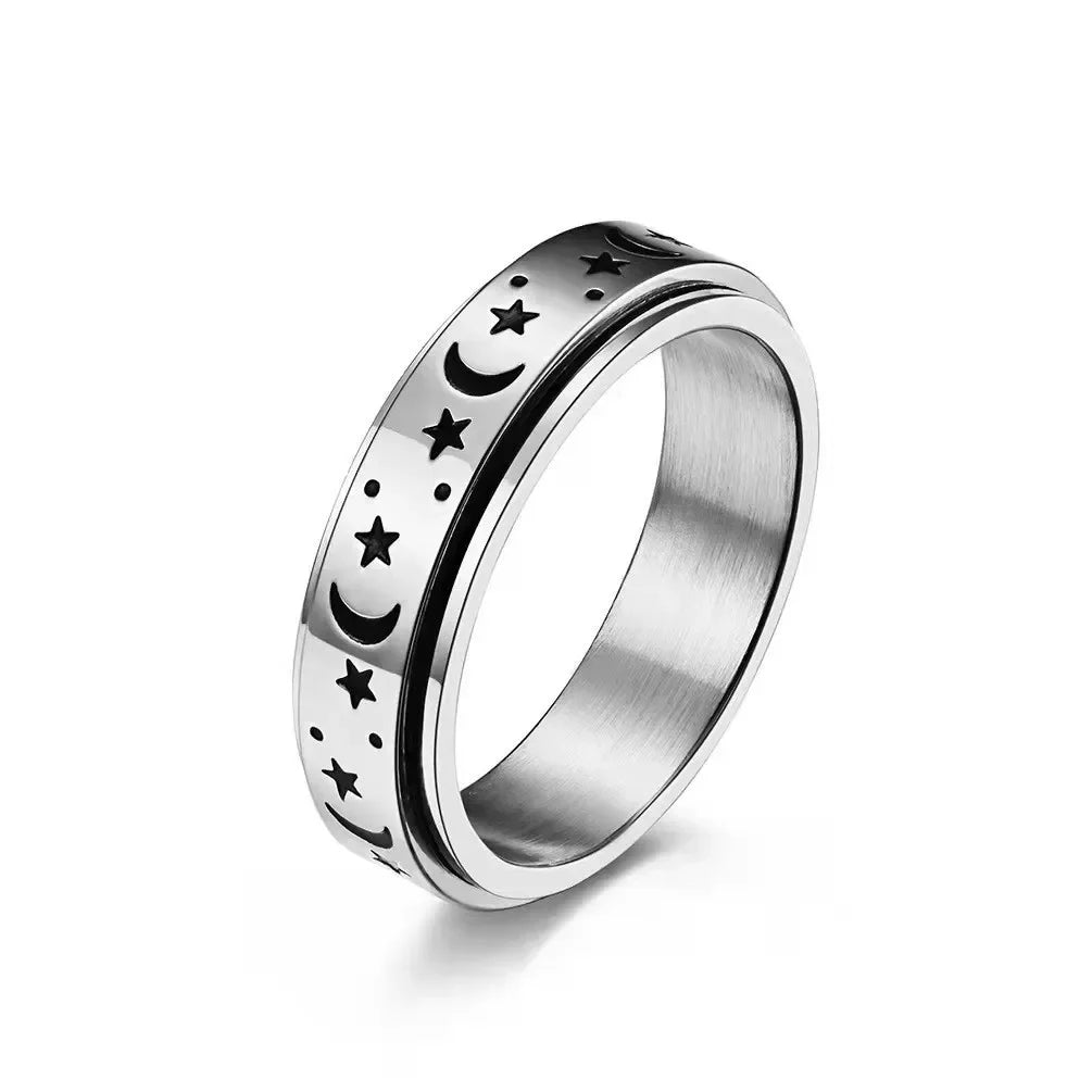 Vintage Stainless Steel Sun Moon Star Rotating Spinning Wedding Promise Anniversary Statement Band Ring Jewelry