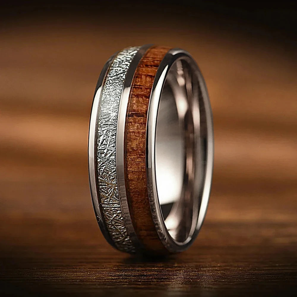 Fashion 8mm Black Color Stainless Steel Rings for Men Double Groove Meteorite Inlay Dome Men Finger Ring Wedding Band Jewelry