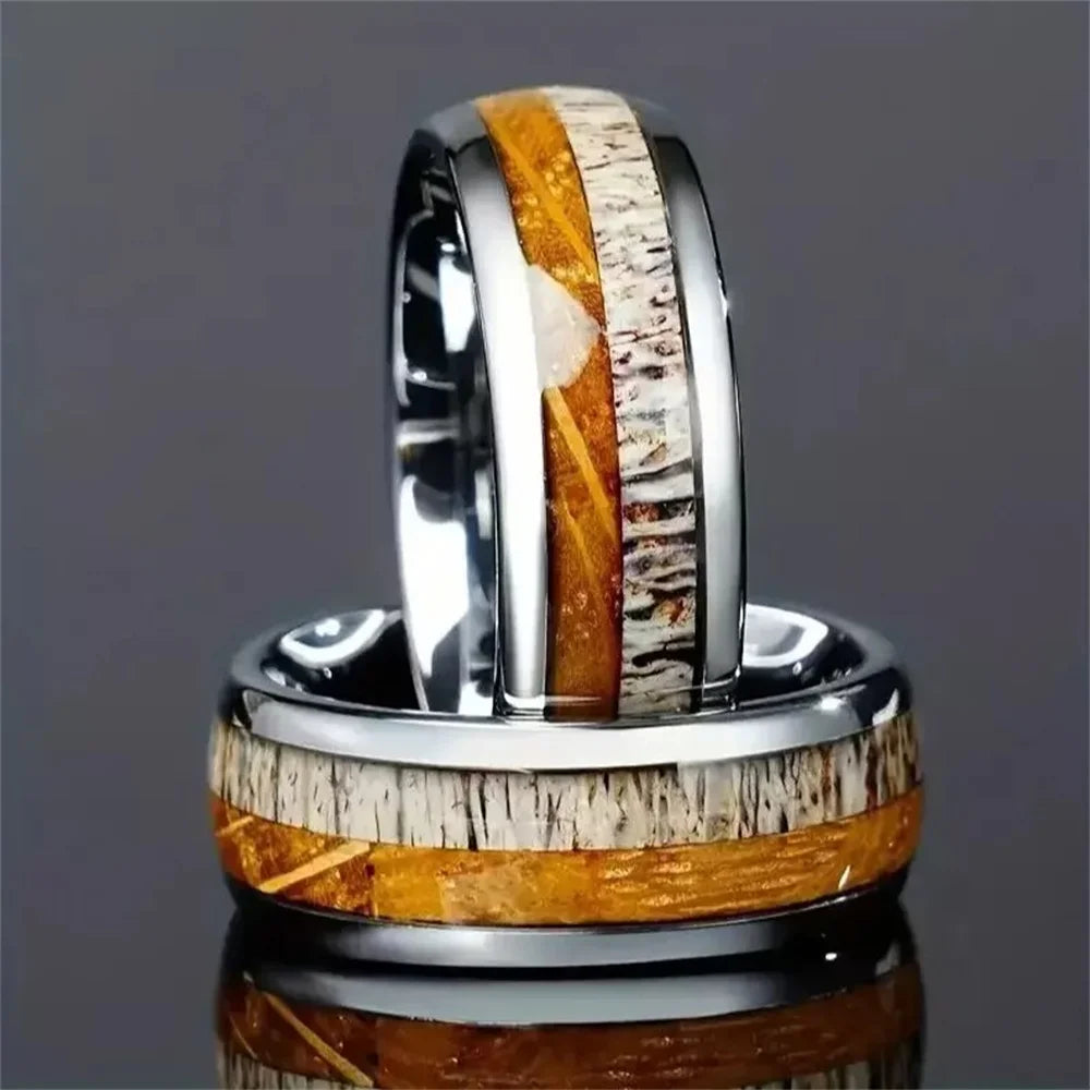 Fashion 8mm Men Stainless Steel Rings Silver Color Brushed Deer Antler And Koa Wood Rings for Men Wedding Band Jewelry Wholesale