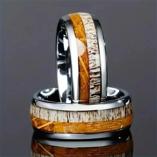 Fashion 8mm Men Stainless Steel Rings Silver Color Brushed Deer Antler And Koa Wood Rings for Men Wedding Band Jewelry Wholesale
