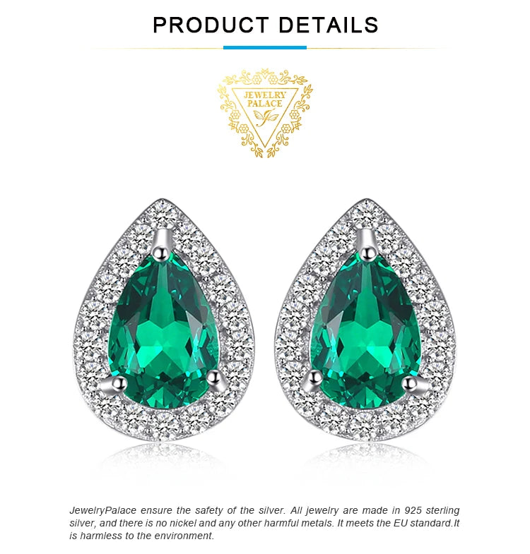 JewelryPalace Pear Green Simulated Nano Emerald 925 Sterling Silver Stud Earrings for Women Gemstones Statement Earrings Jewelry