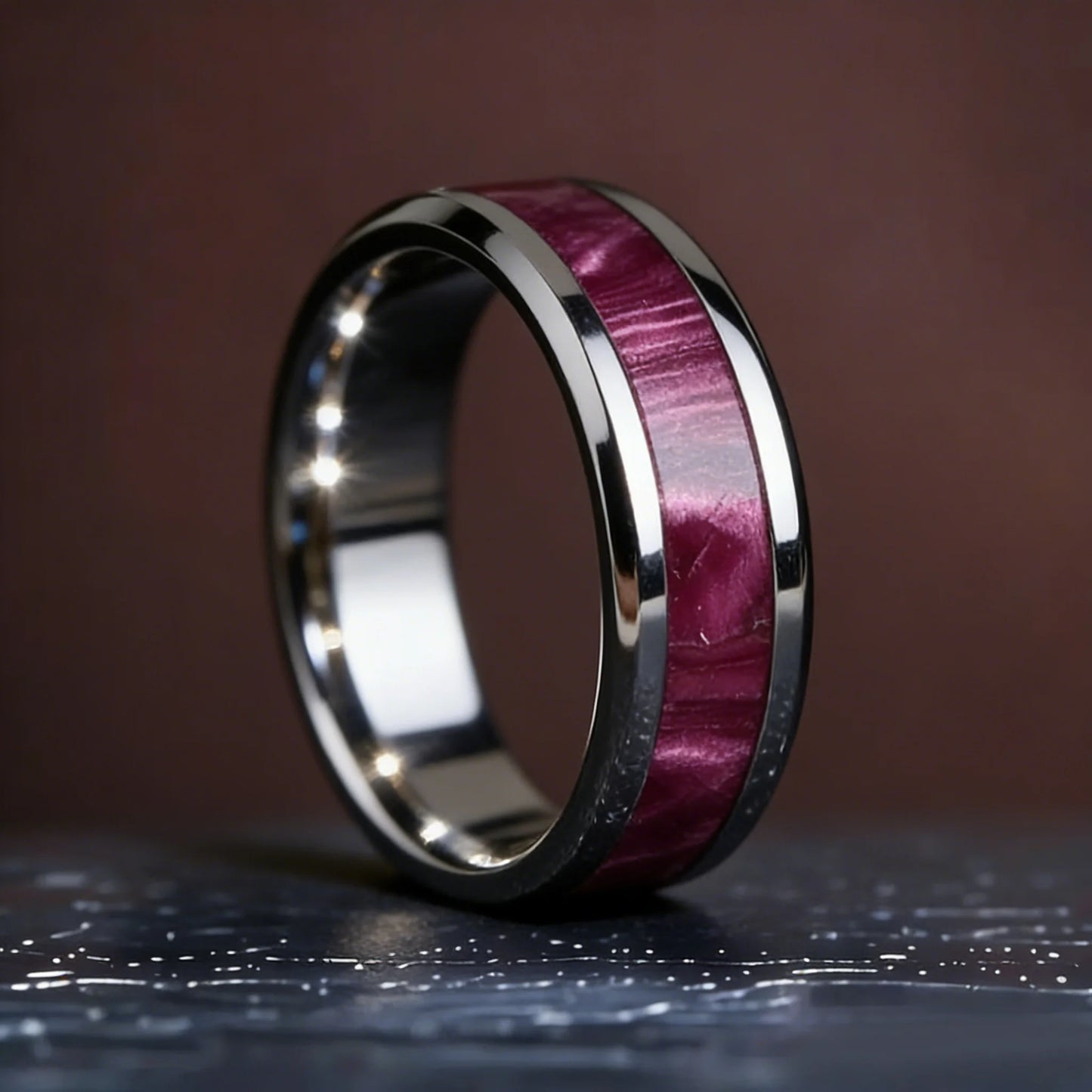 8mm Purple Red Wood Grain Stainless Steel Ring, Cool Promise Wedding Band for Men & Women, Comfort Fit, Wedding Band Jewelry