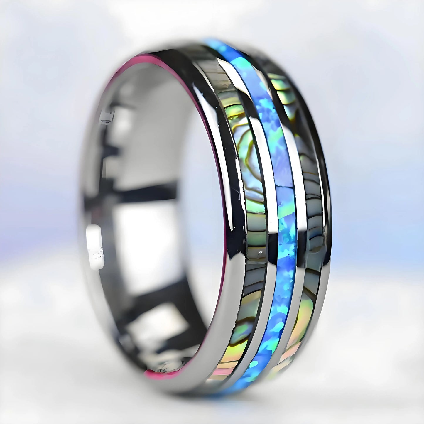 Fashion 8mm Silver Color Stainless Steel Ring For Men Fashion Abalone Shell Inlay Ring Men's Wedding Band Accessories Wholesale